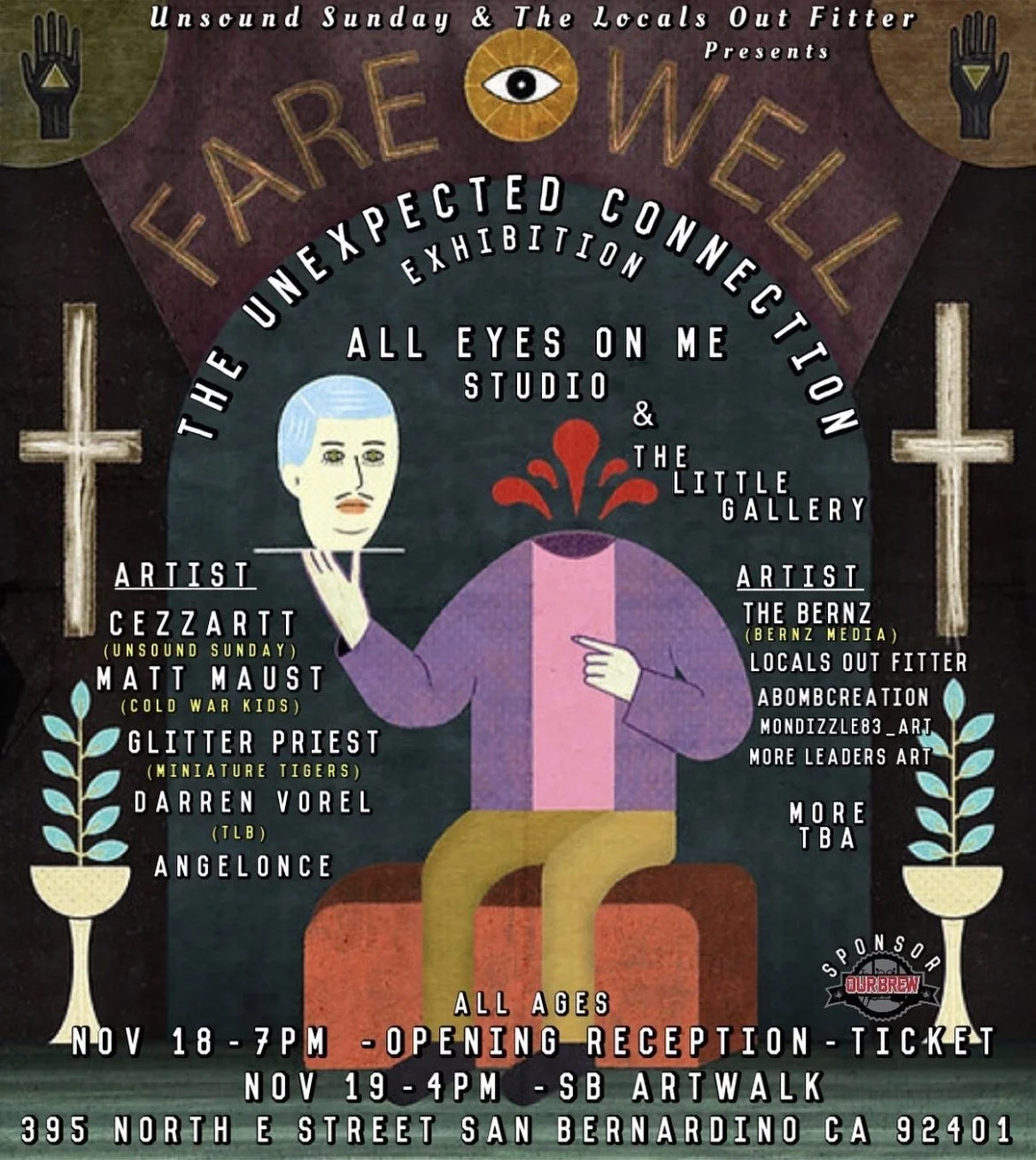 Event poster for 'Farewell' exhibition, featuring artists CezCraft, Matt Maust, Glitter Priest, Darren Vorel, and Angelonce. The poster includes illustrations of a person with blue hair and a flower in a vase, crosses, and plants, with event details and dates.