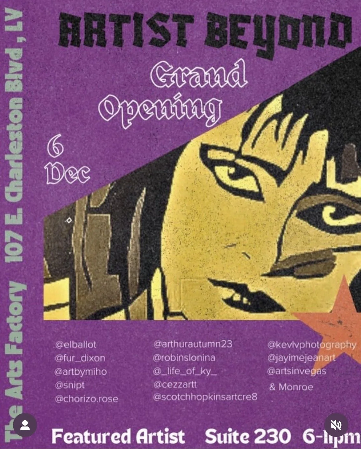 Purple invitation poster for the grand opening of an art exhibition by artists, featuring a colorful illustration with face and hand, with event details and social media handles listed.