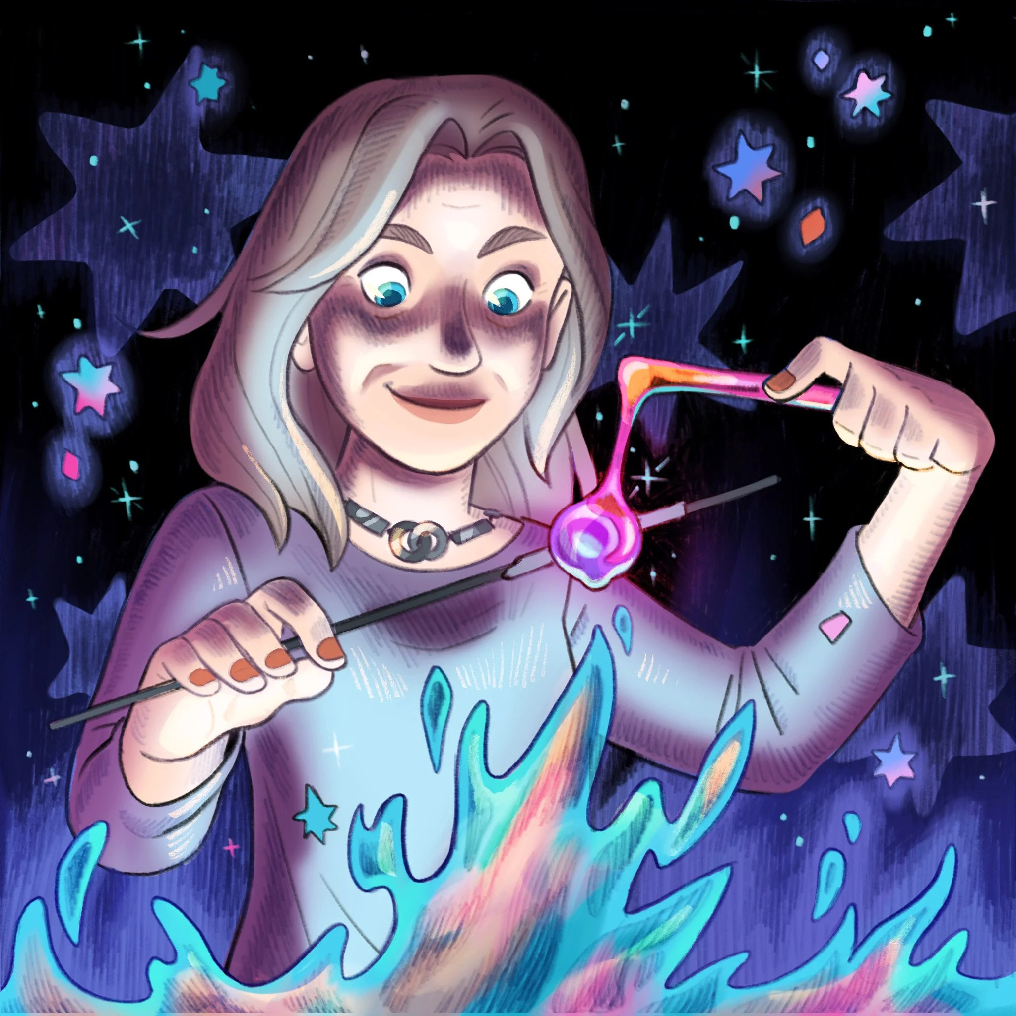 A colorful digital illustration of a young woman with blonde hair, smiling and looking at her phone, surrounded by a cosmic background with stars, planets, and glowing effects.