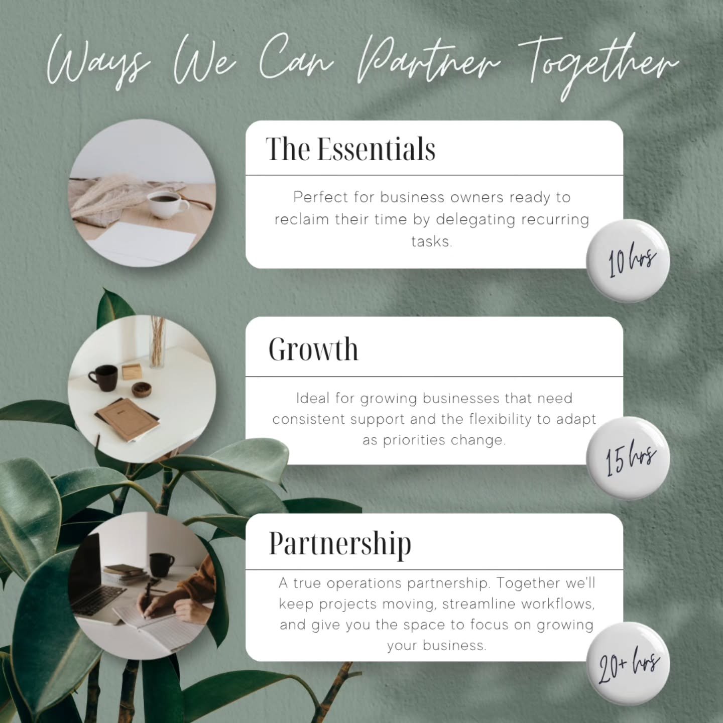 Every business owner deserves support that feels like the right fit. 

These partnership options are designed to meet you where you are today and grow with you as your business evolves.

Whether you're ready to reclaim a few hours each week or you're