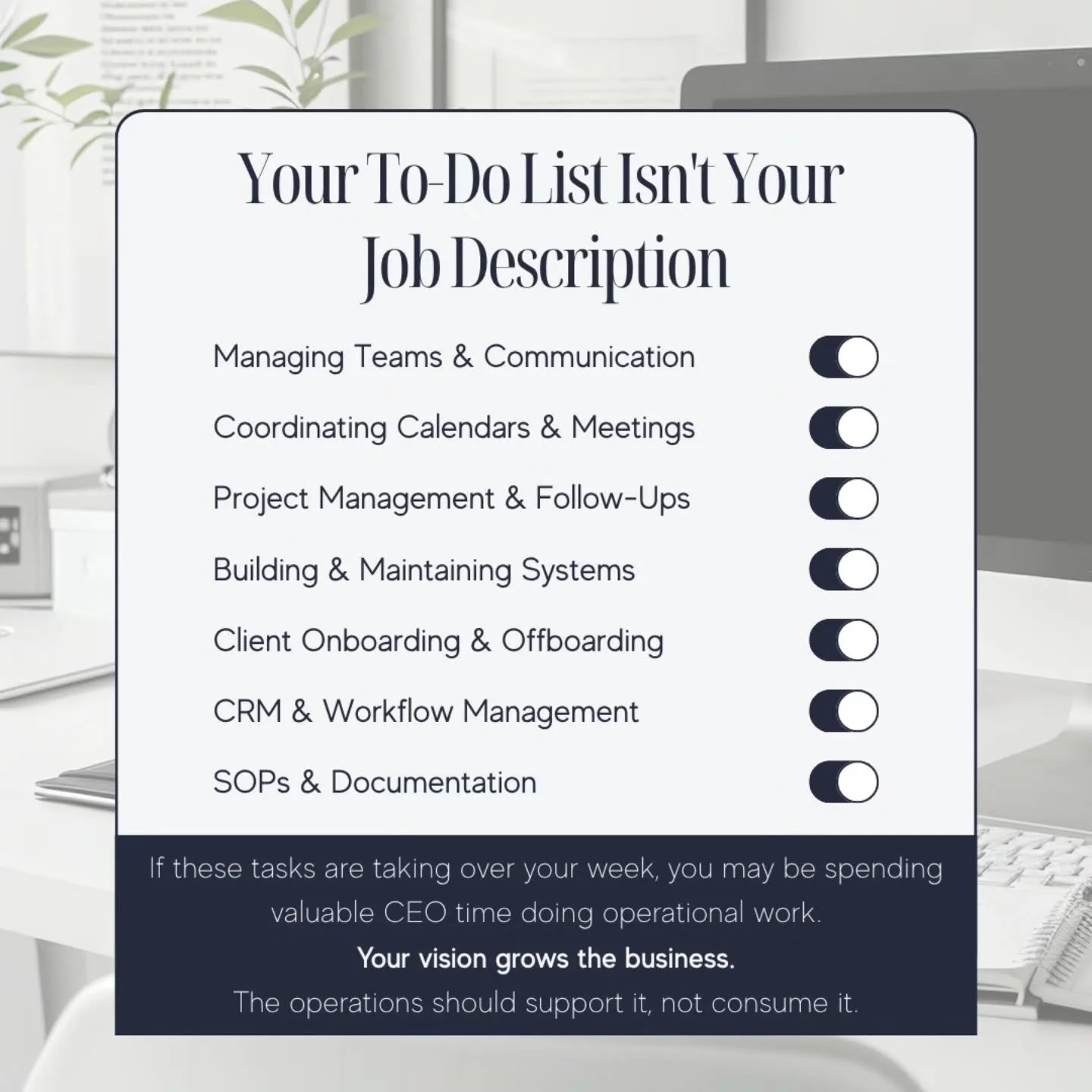 Somewhere along the way, many business owners start believing that if they're capable of doing something, they should be the one doing it.

But being capable doesn't mean it's the best use of your time.

👉🏻 The more your business grows, the more va