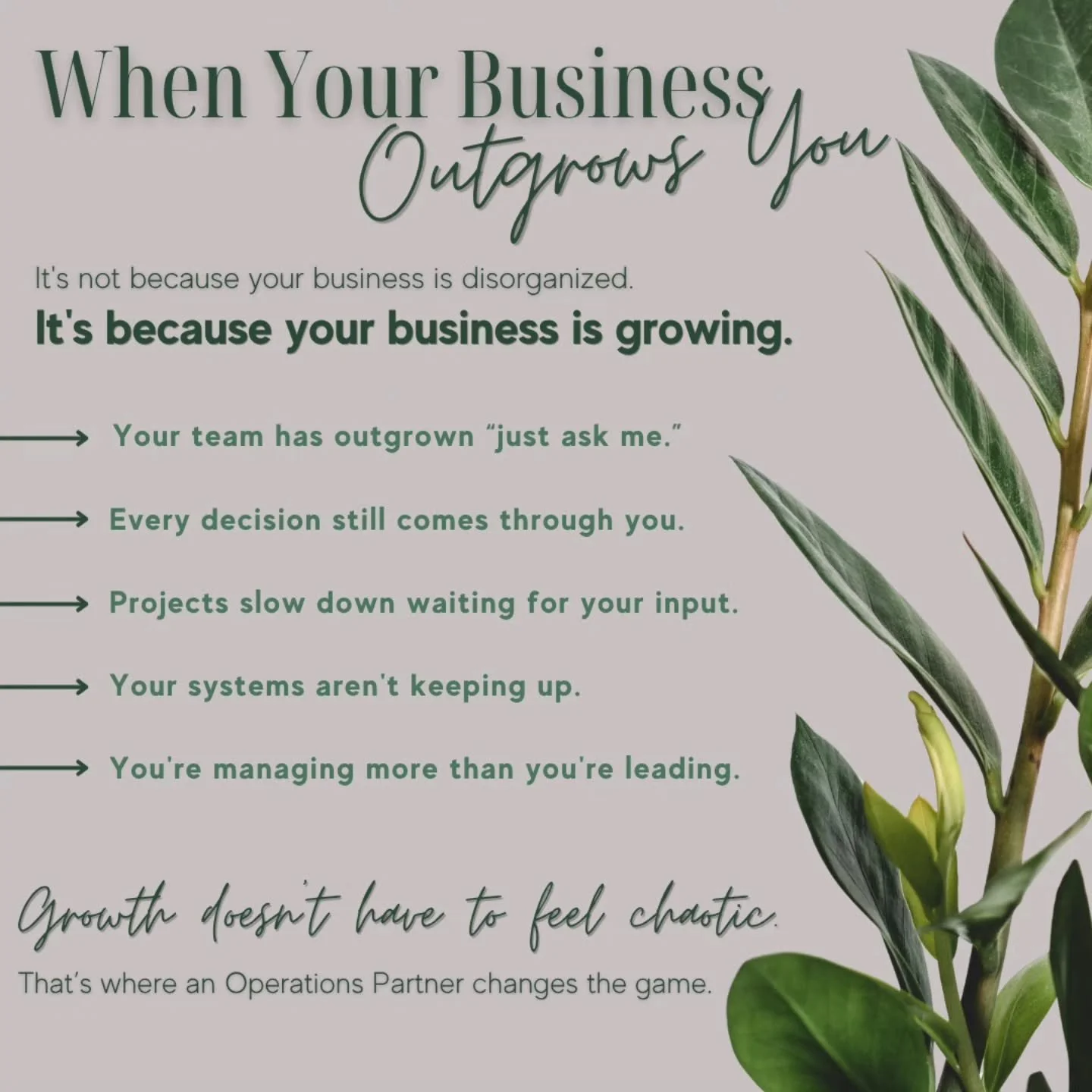 Growth creates new problems. The good kind, but problems nonetheless. 😉

The goal isn&rsquo;t to work harder to keep up. It&rsquo;s to build the support that allows your business to keep growing. 

You've hit your next milestone. 🌱