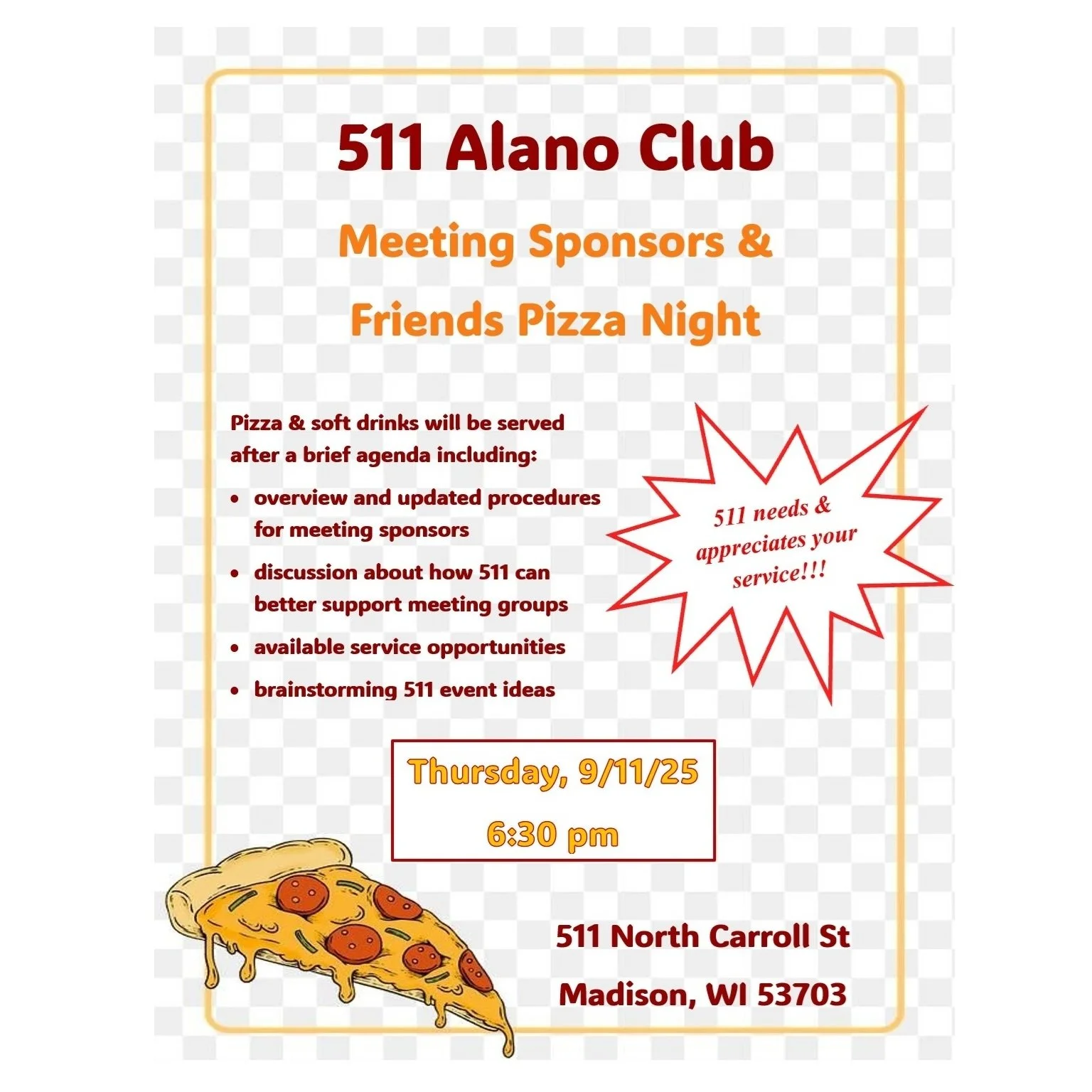 511 Meeting Sponsors and Friends Pizza Night