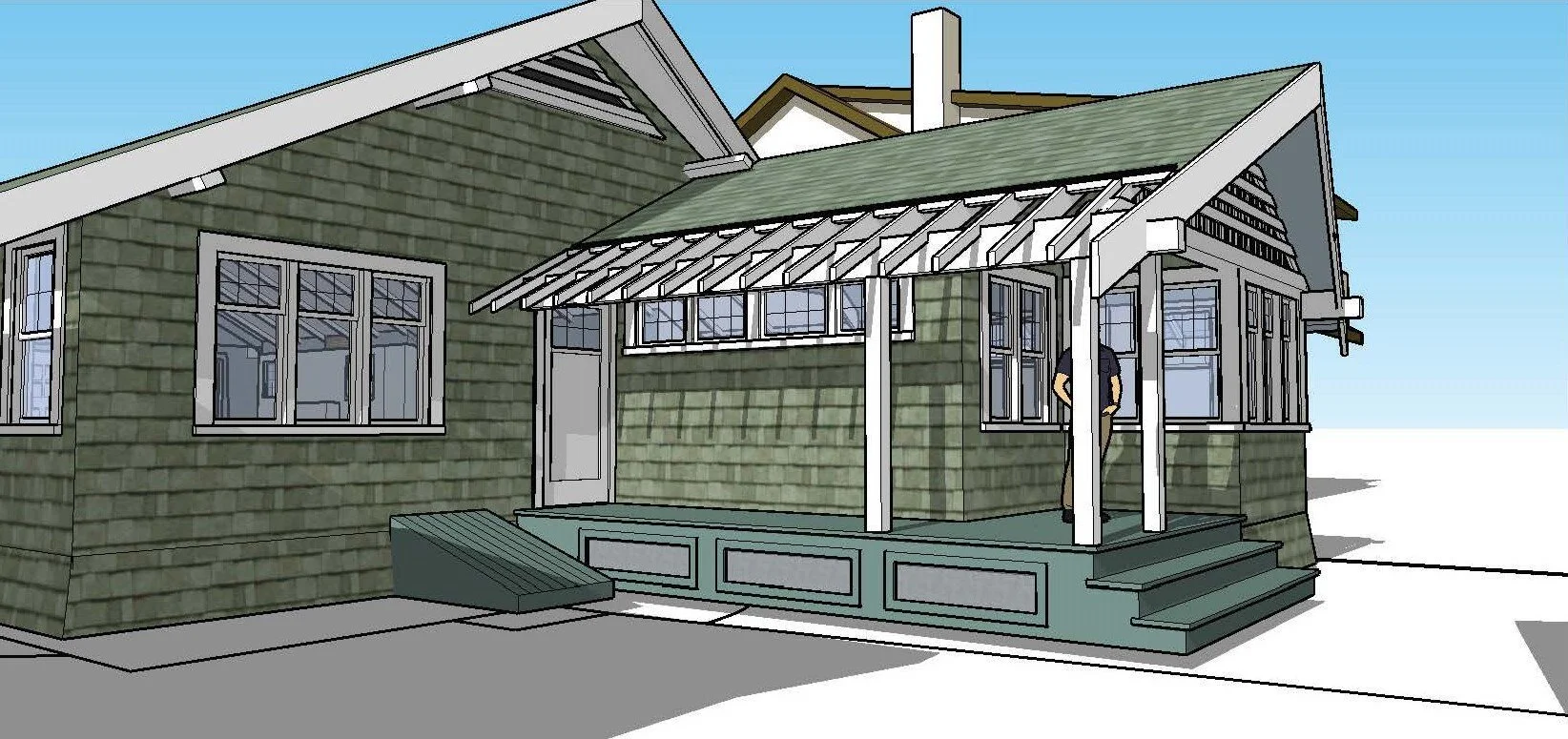 3D view of the addition from the driveway. The door in the center leads to the back hall and kitchen. An existing bedroom is shown at left, and the new bedroom is in the new wing at right. All these windows on the back are new, and all are casement windows except for the high windows along the walkway.