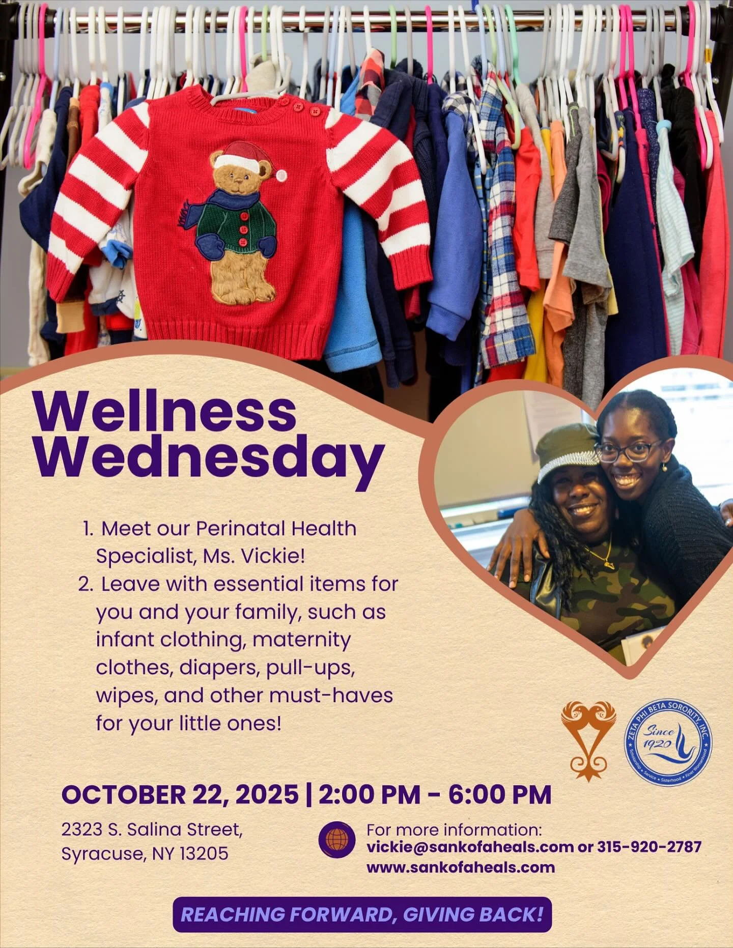 Wellness Wednesday is for YOU!
Free Diapers Wipes &amp; Clothing 
Free &amp; Essential Items for Families 
Brought to you by Mrs. Vickie, the Sankofa Doula Collective and the illustrious Sorors of Zeta Phi Beta Sorority Inc. @syracusezetas 

Come see