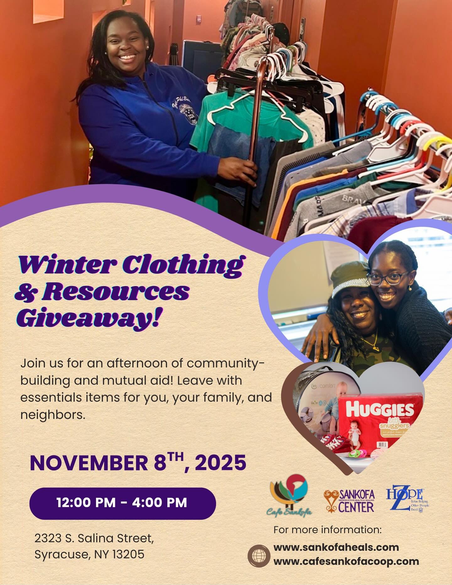 Join Sankofa and our community partners for a free essential items and resource giveaway.
This Saturday, November 8, 2025 12pm -4pm @ Cafe Sankofa. 
2323 S. Salina Street&nbsp;
Sankofa is committed to collaboration and partnerships that sustain the p