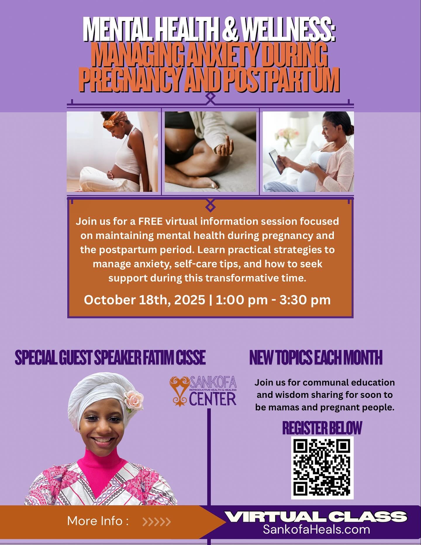 Sankofa Pregnancy Village
🎯Managing anxiety during pregnancy and postpartum.&nbsp;
🤰🏾For pregnant people and their partners&nbsp;

🗓️ This Saturday, October 18
⏰ 1:00PM
🖥️ VIRTUAL
Link in Bio.&nbsp;

Join us for our monthly&nbsp;virtual gatherin
