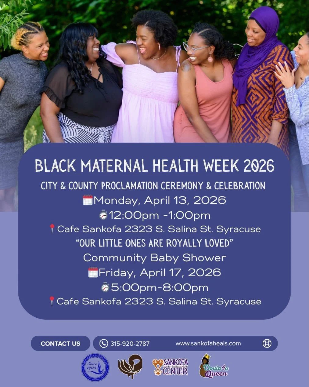 Join Us &amp; Don&rsquo;t miss Black Maternal Health Week 2026!
 #blackmamasmatter #BMHW2026 #birthjustice #syracuse #cny 
Monday, April 13, 2026 12noon to 1pm
This year the city of Syracuse and the County of Onondaga will proclaim April 11-17 as Bla