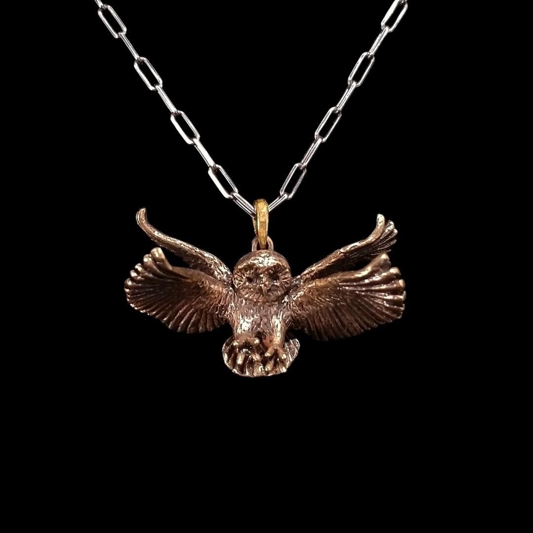 My Owl in Flight pendant in brass!

This owl holds a special place in my heart. I designed the original model of this pendant in my last few weeks of college at UMD in 2019. It makes me think of a time when I was getting ready to spread my wings in t