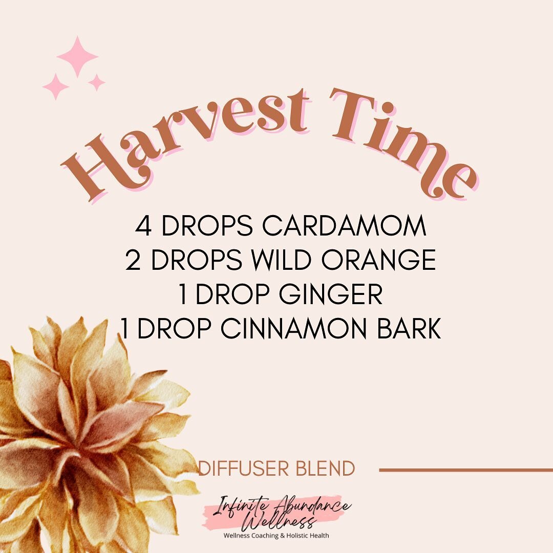 Craving the warm and spicy scents of fall? 

This fall favorite is perfect for your diffuser (or increase the quantities and make your own room spray).

Harvest Time 🍂

💧 4 drops Cardamom
💧 2 drops Wild Orange
💧 1 drop Ginger
💧 1 drop Cinnamon B