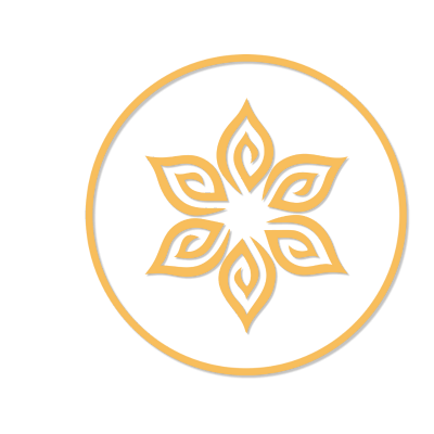 Gold spiral flower mandala, outlined in a gold circle.