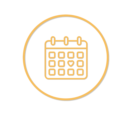 Gold calendar icon with a heart symbol, outlined in a gold circle.