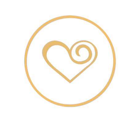 A gold heart shape with a spiral inside, outlined in a gold circle.