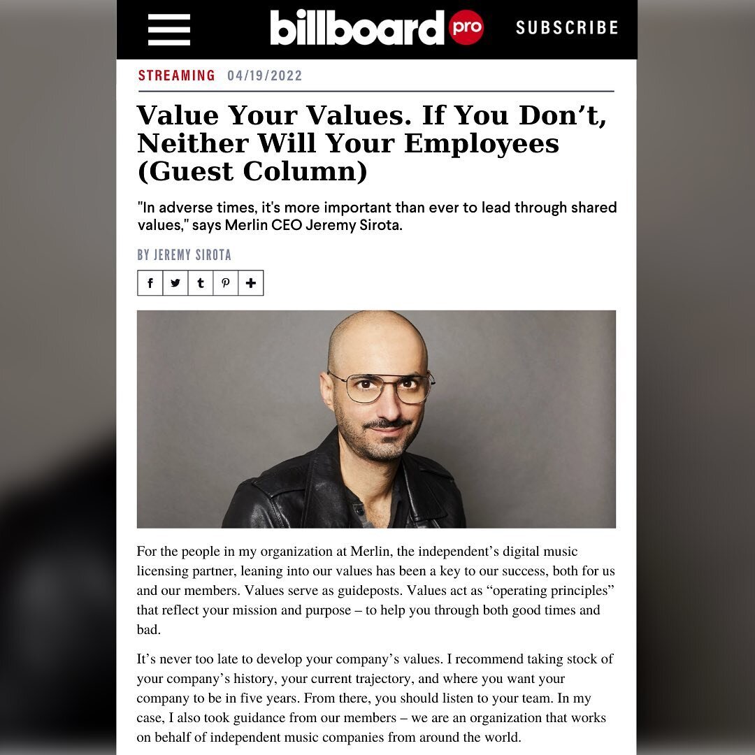 ⚡️Check out @JeremySirota&rsquo;s guest column on @Billboard! ⚡️

&quot;In adverse times, it's more important than ever to lead through shared values.&rdquo; ❤️🔥🙌💯

#MerlinNetwork #FoodForThought #WorkForce #Billboard #Entertainment #MusicIndustry