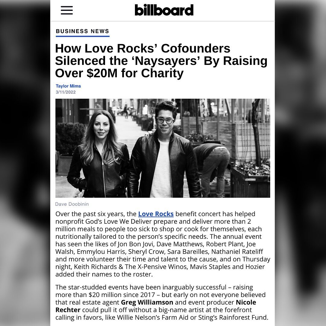 ⚡️@Billboard: How Love Rocks&rsquo; Cofounders Silenced the &lsquo;Naysayers&rsquo; By Raising Over $20M for Charity ⚡️

Greg Williamson (@gwilliamson79) and Nicole Rechter (@nicole.rechter) have parlayed the success of Love Rocks into @RWEPartners, 