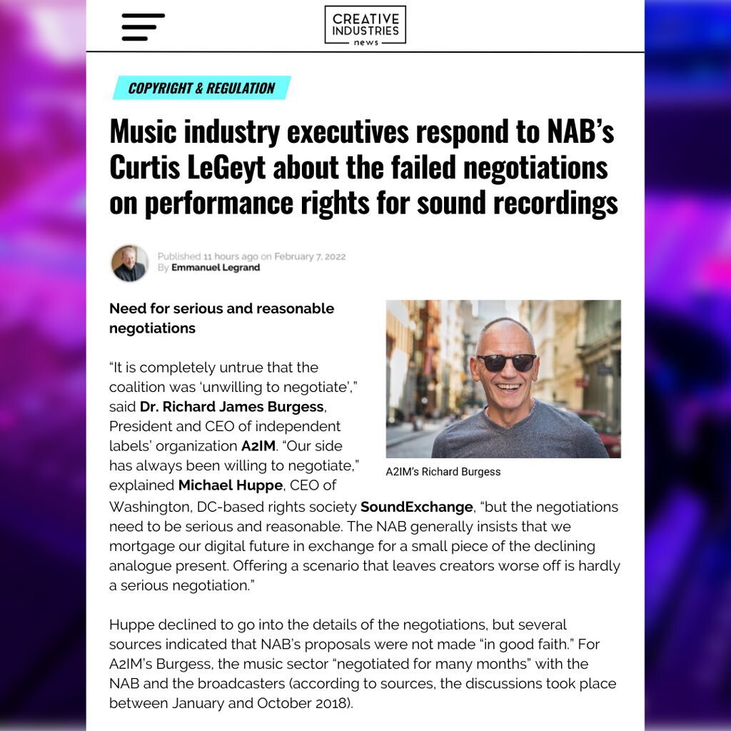 ⚡️Music industry executives respond to NAB&rsquo;s Curtis LeGeyt about the failed negotiations on performance rights for sound recordings.⚡️

&ldquo;Our side laid out complex potential methodologies,&rdquo; @RichardJamesBurgess, CEO of @A2IM told Cre
