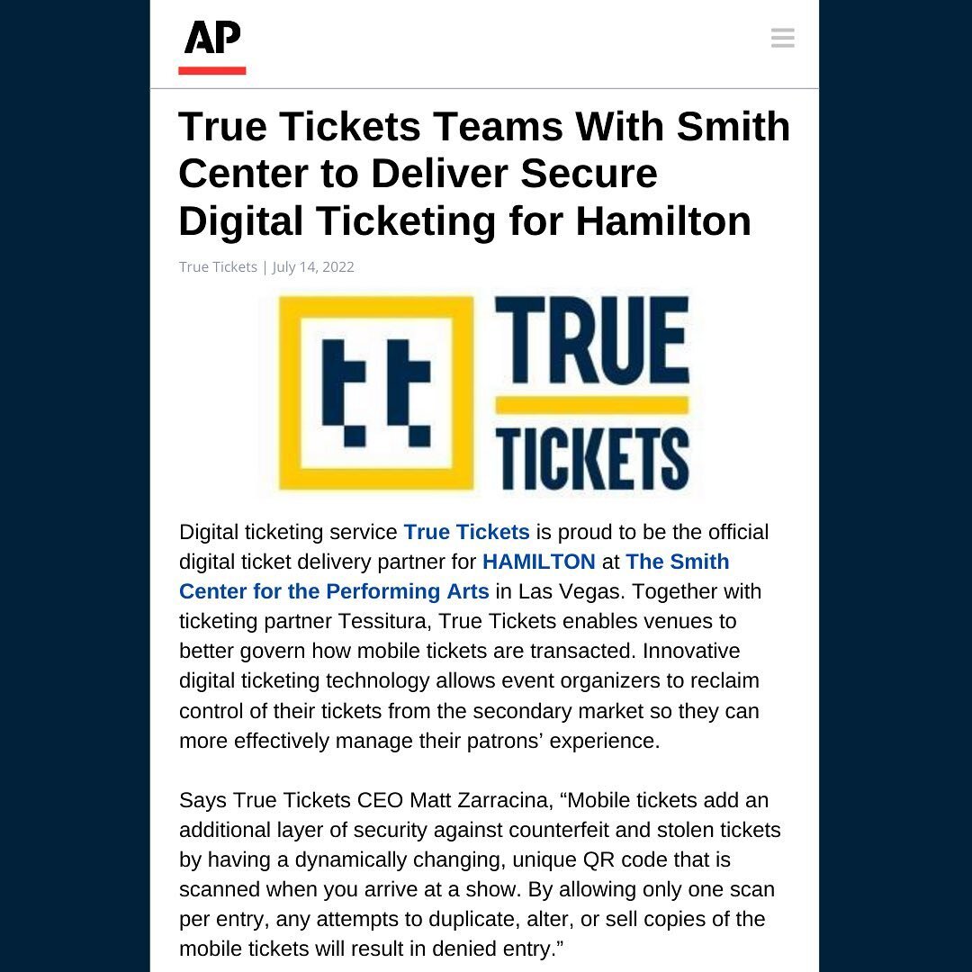 ⚡️@APNews: @TrueTickets is thrilled to be the official digital ticket delivery partner for @HamiltonMusical at @SmithCenterLV! ⭐️☝️🎶 Be in the room where it happens and grab your tickets now! 🙌🙌🙌
 
#Hamilton #HamiltonMusical #AlexanderHamilton #B