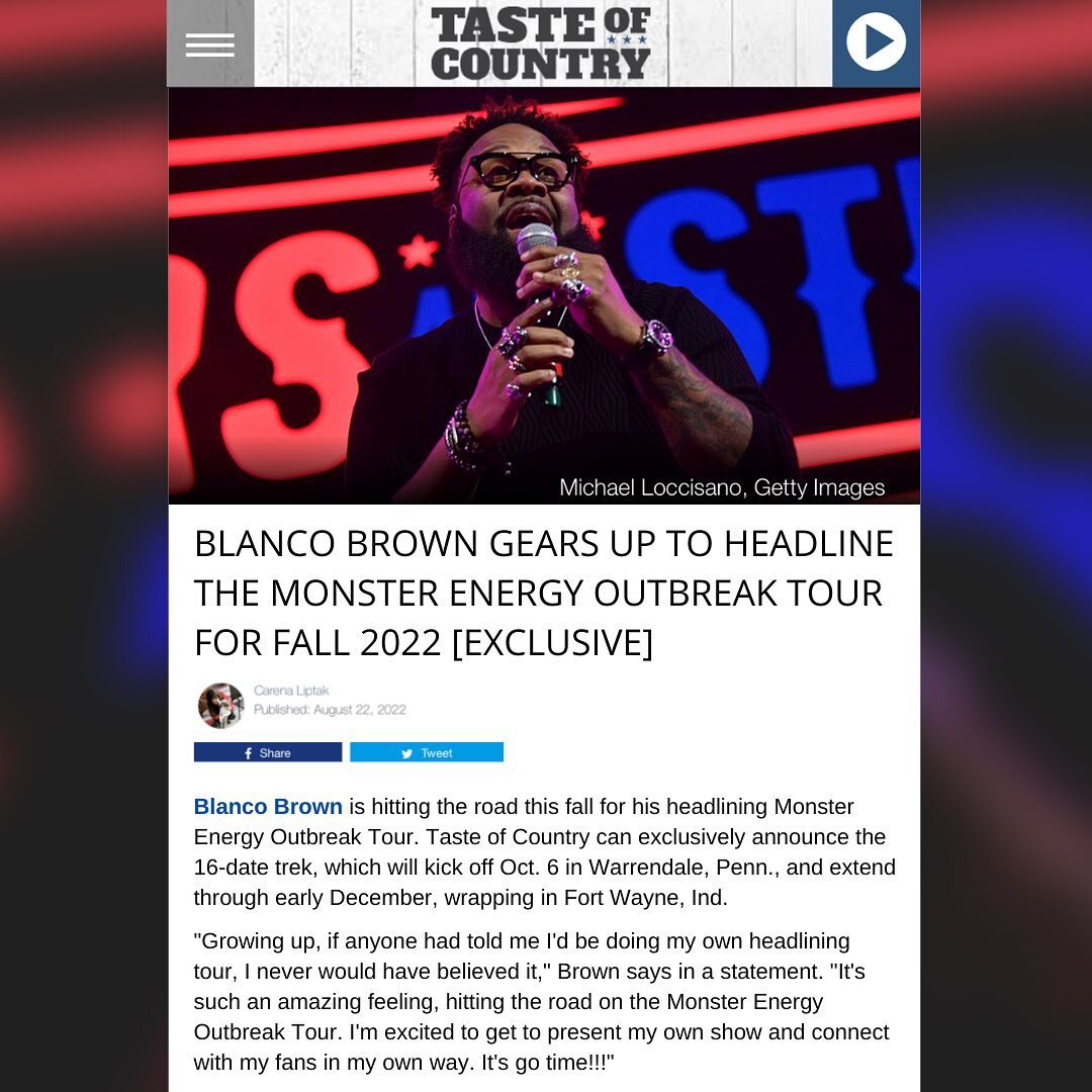 @tasteofcountry [EXCLUSIVE]:⚡️Blanco Brown Gears Up to Headline the Monster Energy Outbreak Tour for Fall 2022 ⚡️

#ThePressHouse ThePressHousePR #MonsterEnergy #MonsterEnergyOutbreakTour #TasteofCountry #Exclusive #BloncoBrown