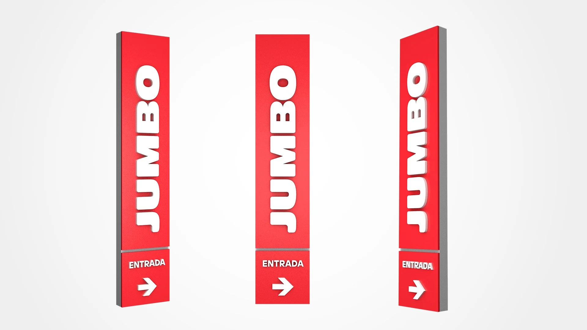 Letras en español que dicen "JUMBO" en letras blancas grandes sobre fondo rojo, con la palabra "ENTRADA" y una flecha blanca apuntando a la derecha en la parte inferior.