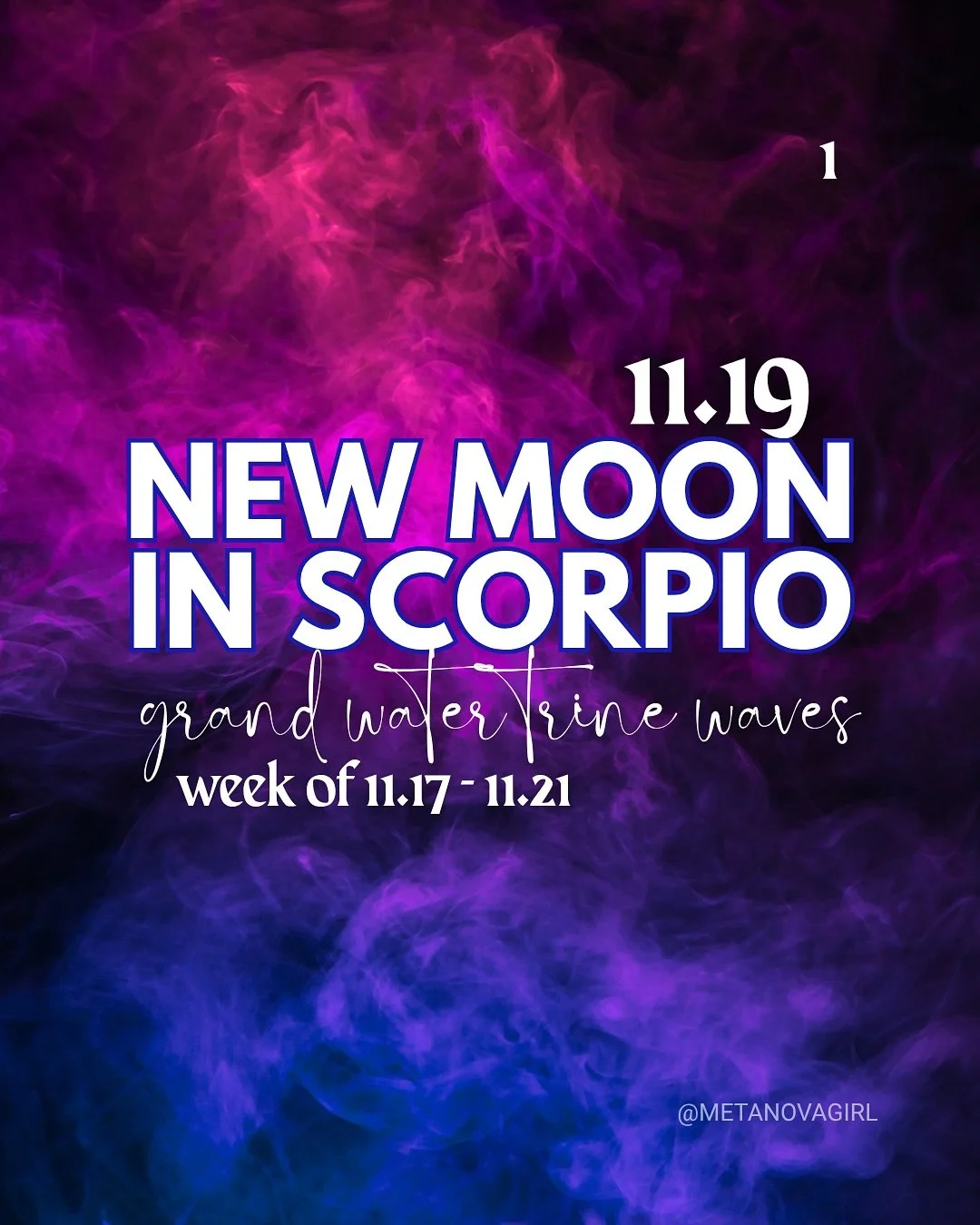 The Sun is playing pinball in the sky, communicating with several planets as the New Moon in Scorpio arrives this week 11/19 10:47pm pacific. 

Waves of the grand water trine swell as the Sun in Scorpio activates Jupiter and Saturn 11/17. Restlessnes