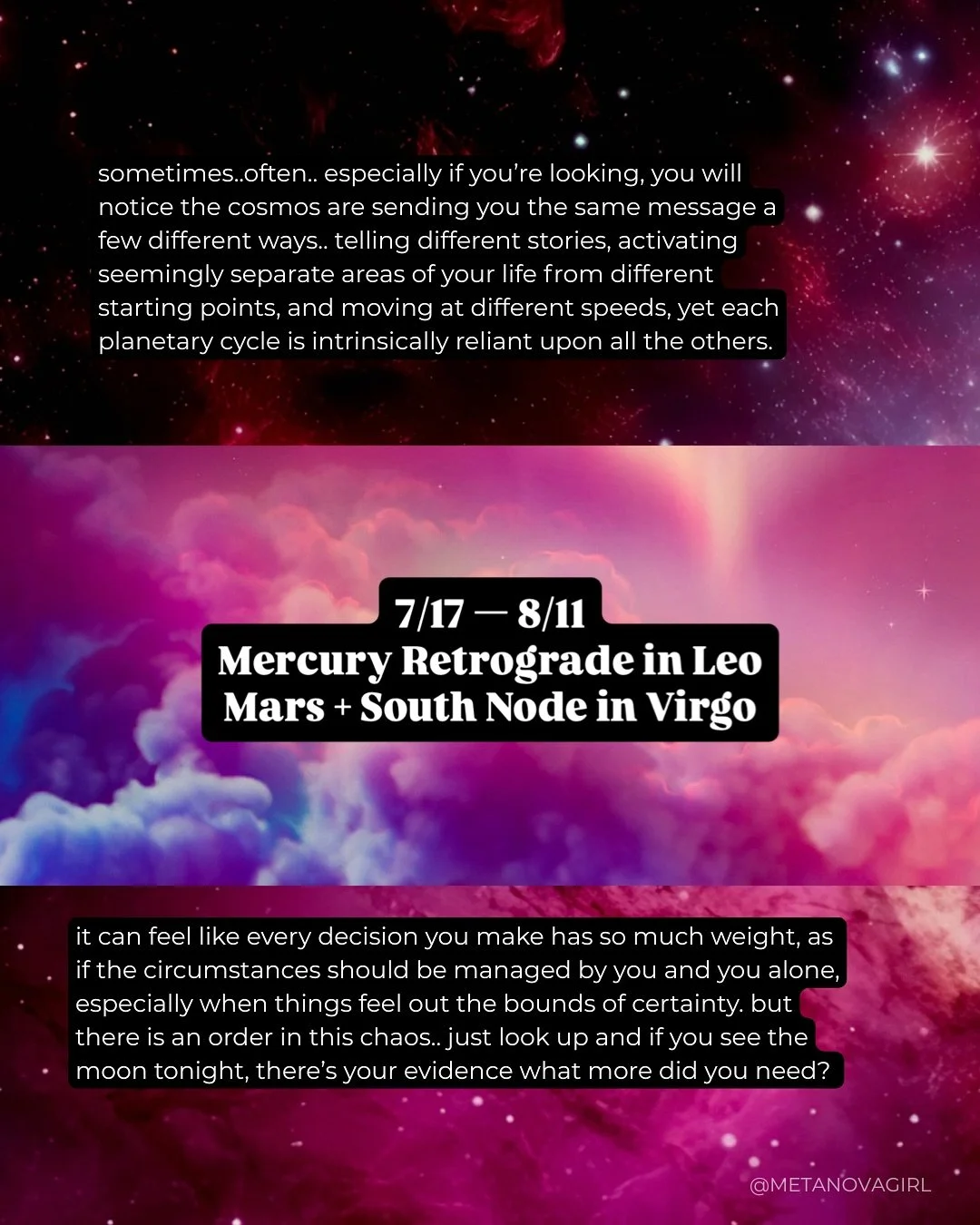 Mercury stations retrograde in Leo tonight 7/17 until 8/11.. meanwhile Mars in Virgo is crossing the South Node this weekend. it&rsquo;s gettin&rsquo; Mercurial AF up in here. 

less worrying, judging, projecting&hellip; more noticing.. less breaking