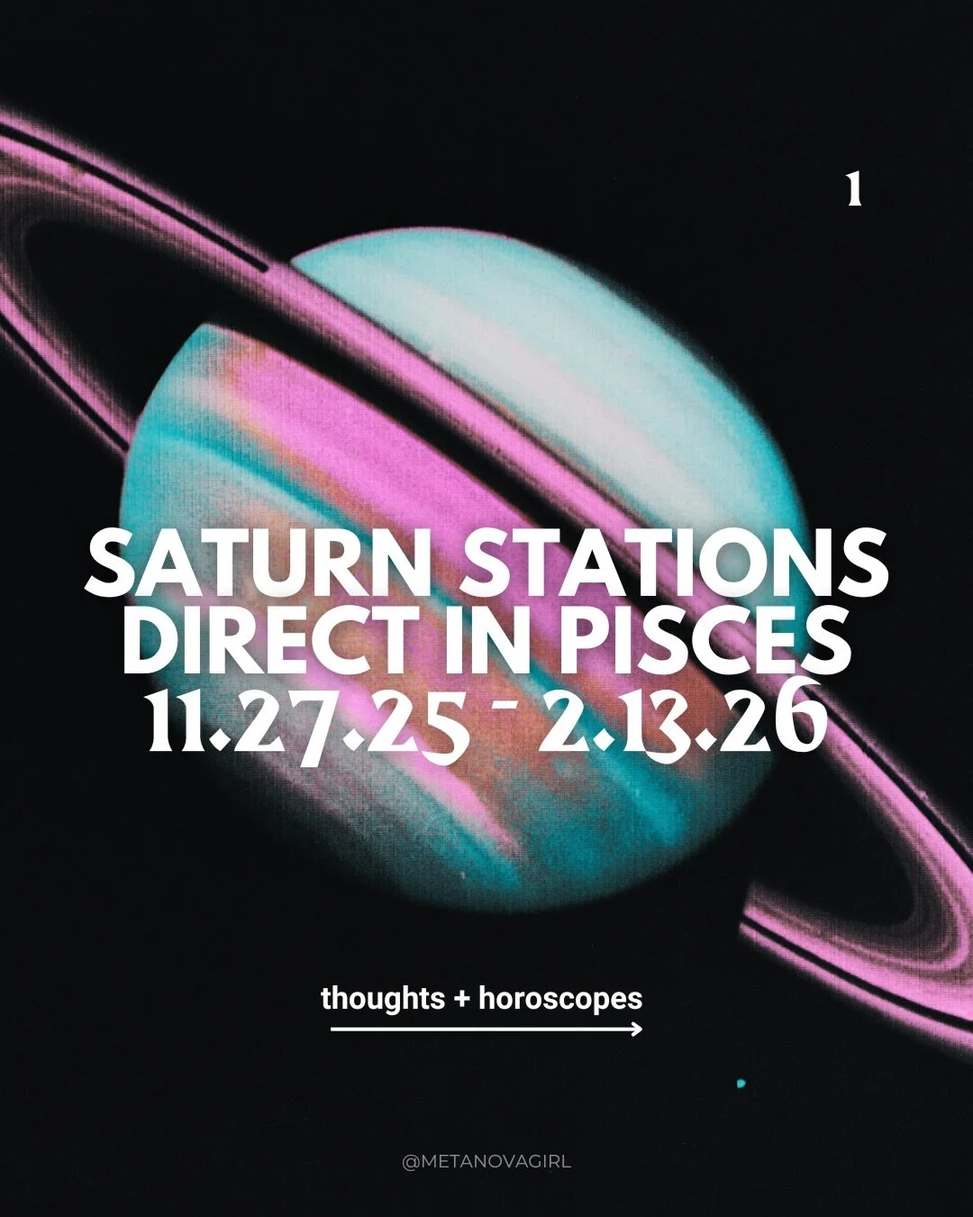 Saturn stationed direct 11/27 and moves through the final degrees of Pisces, and the zodiac itself, until 2/13/26. Time to integrate what you&rsquo;ve learned these last few years.

personal Pisces Moon anecdote.. ngl.. this transit brought me to a s