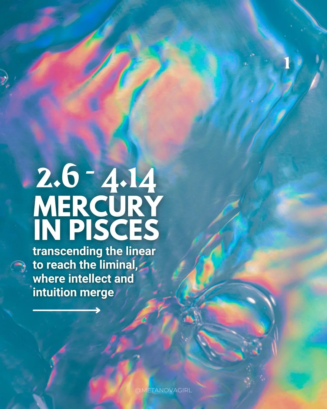 Mercury enters Pisces 2/6 until 4/14. an extended stay in the liminal space where intellect merges with intuition, due to Mercury&rsquo;s retrograde 2/25-3/20. 

preshadow period begins next week 2/11, meaning Mercury will return back to 8˚ in March.
