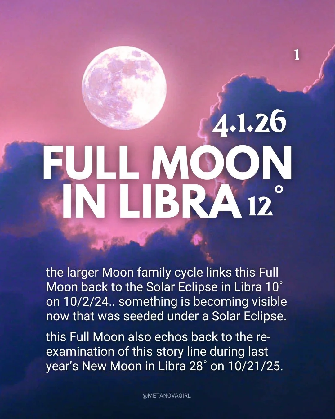 Full Moon 12˚ Libra ⚖️ 4/1, 7:11PM pacific 

in seasons of individuation, we still exist in the context of our relationships. this lunation highlights the polarity of being human, and all the ways we reach for equilibrium within and outside ourselves