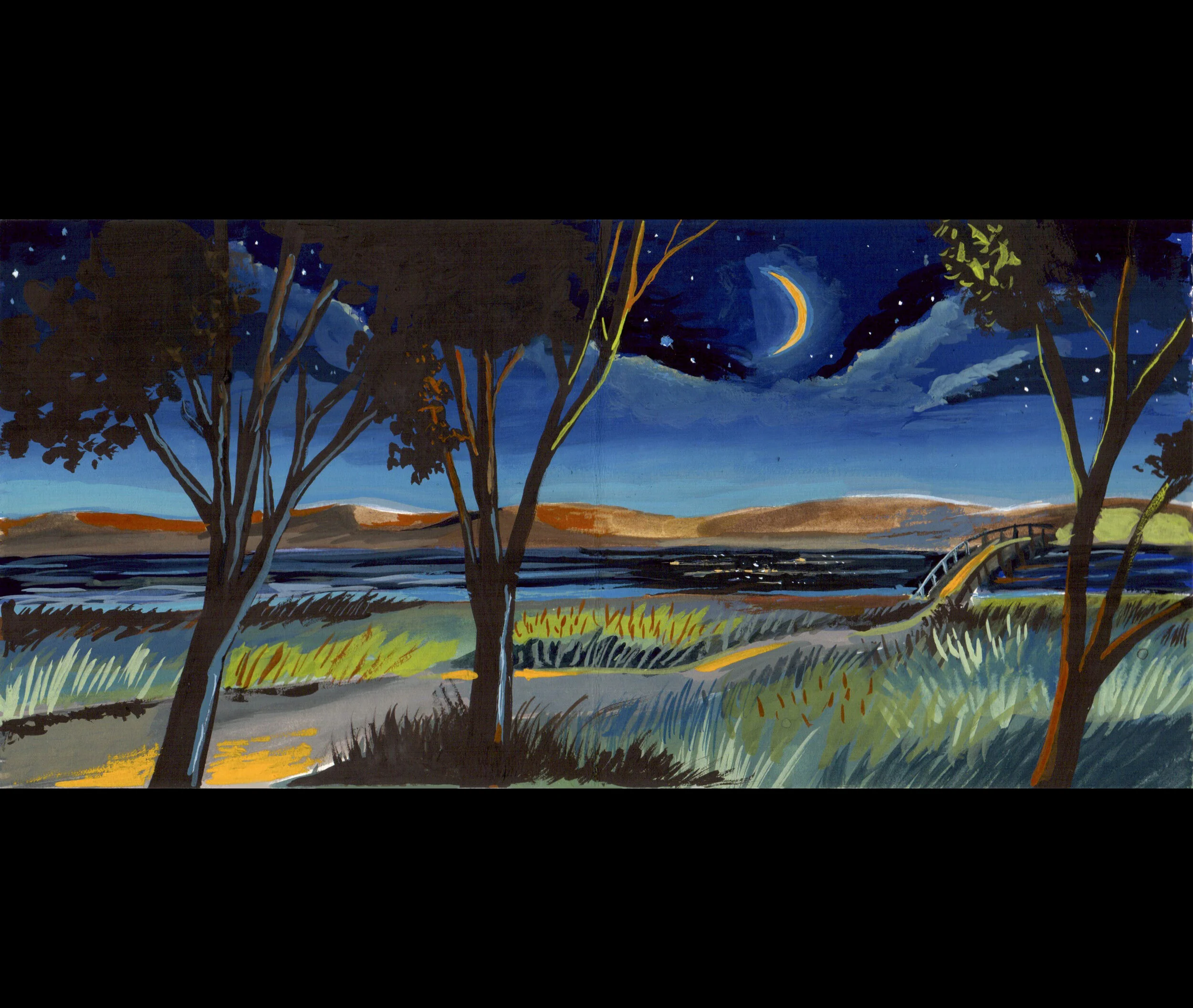     A Long and Winding Road  , 2014  Goauche on black paper, 5 x 9 in., Private collection  