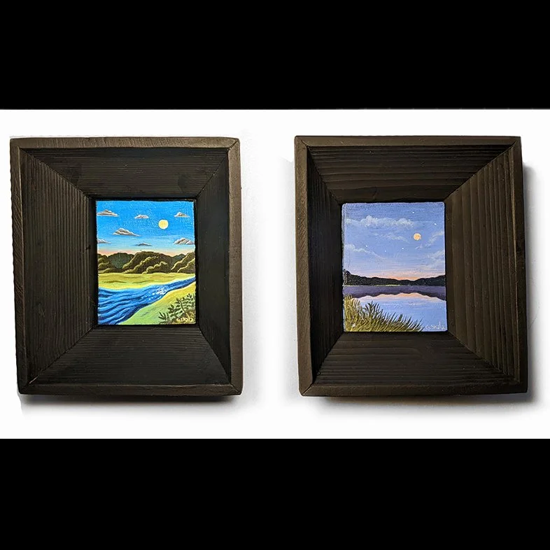 Untitled (miniature landscapes), May 2022, acrylic on basswood, left: 2-1/4 x 3 in, right: 2-3/8 x 3 in.,
(Frames: Found handmade vintage cherry wood frames, Flashe paint, 4-1/2 x 1-3/8 x 5-1/8 in.)