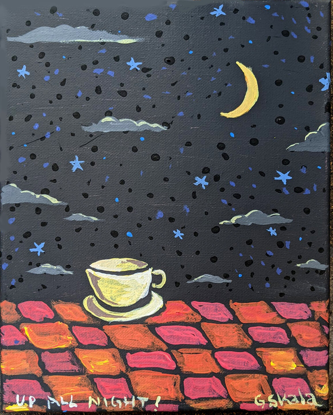 Up All Night!, 2021, acrylic on canvas, 8 x 10 in. This was done at an sidewalk outdoor painting event hosted by Emerald City Coffee at 1224 W. Wilson Ave, Chicago on August 10, 2021.