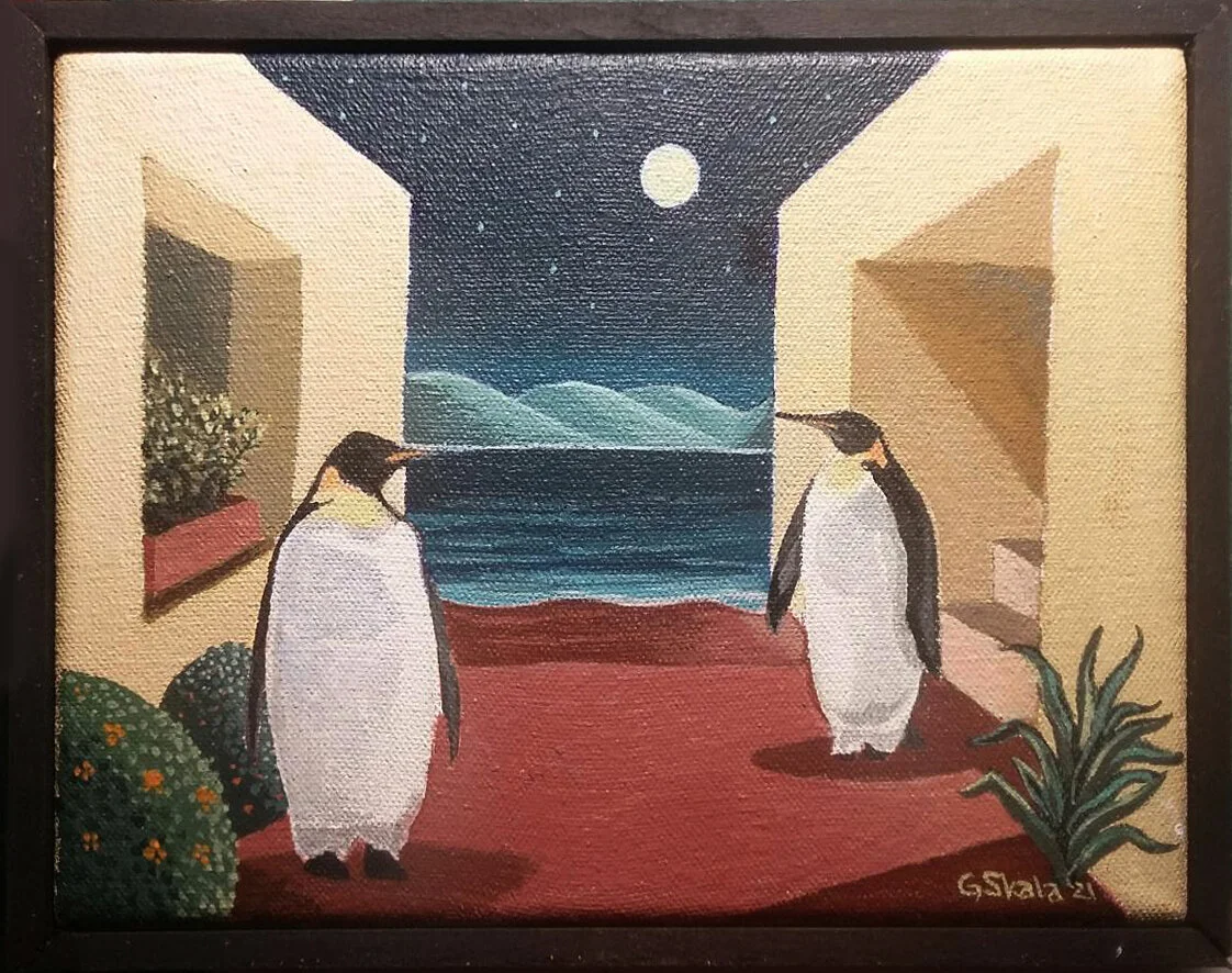 Room with Penguins II, Oct. 2021, Acrylic on canvas, 6 x 8