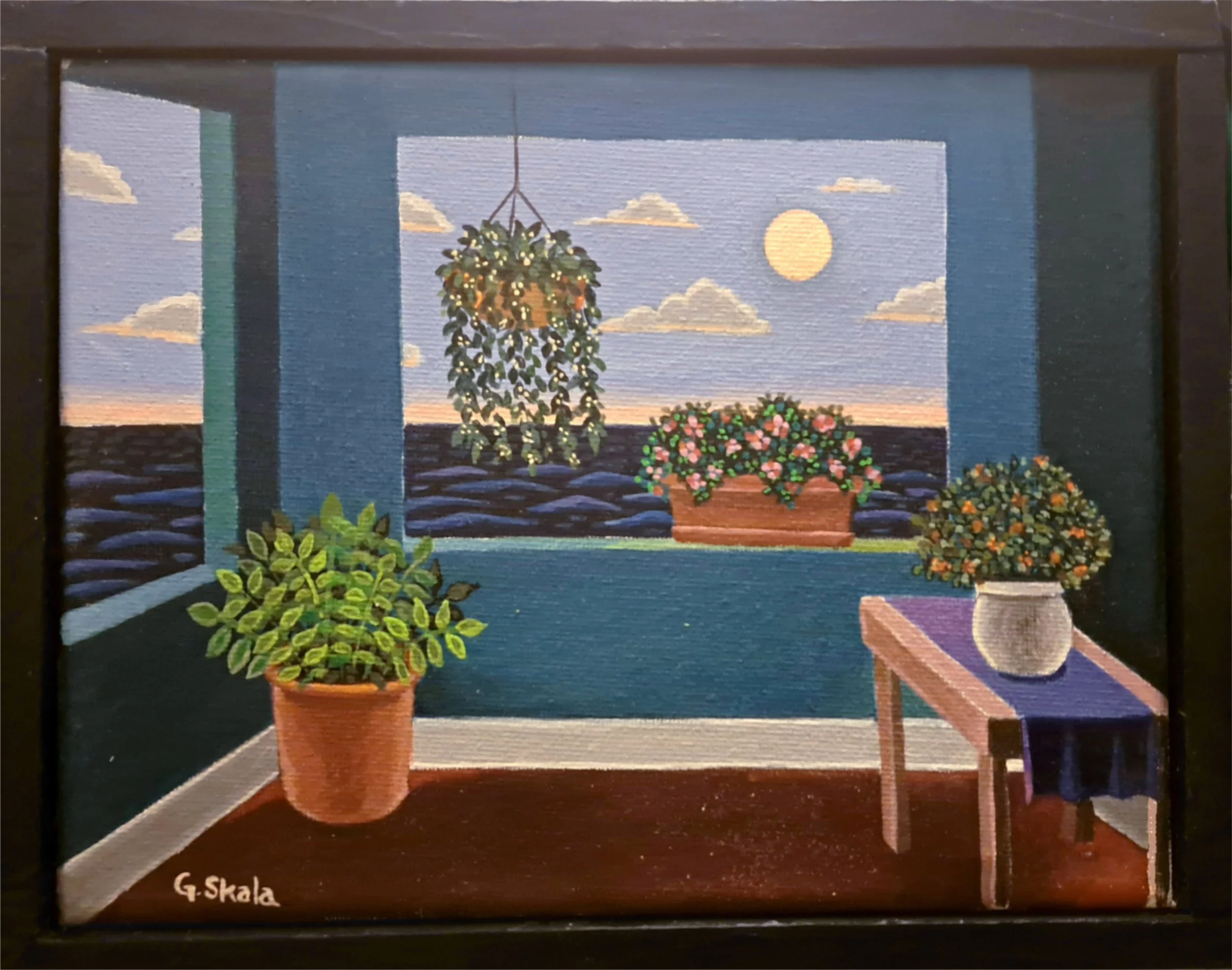 Untitled (Room with plants, blue version), Nov. 13-15, 2023, 6 x 8 in., Acrylic on canvas, Private collection