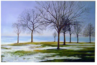     Lakefront Trees (Winter into Spring)  , 2005  Oil on canvas, 16 x 28 in., Collection of the artist  
