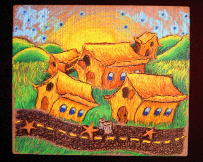     Little Yellow Town  , 1999  Pastel and charcoal pencil on papyrus, 6-1/2 x 8 in., Private collection  