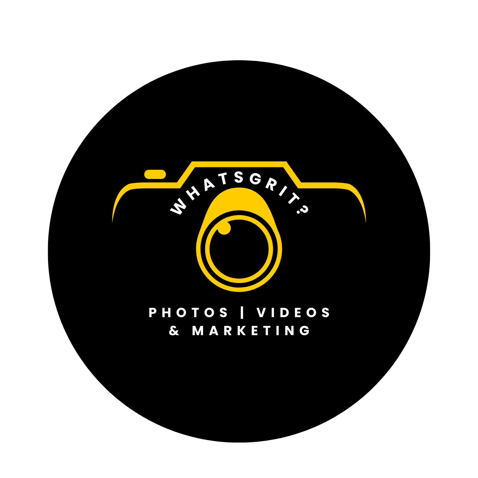 Black background with a yellow camera illustration at the top. Inside the camera lens, the text "WHAT'S GRIT?" is written in white. Below, the text "PHOTOS | VIDS & MARKETING" is written in white, centered on the image.