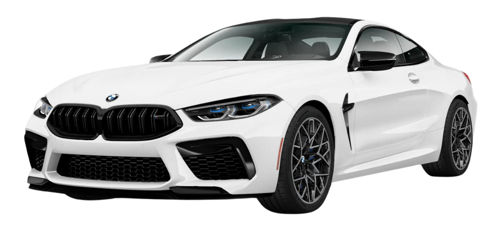White BMW coupe with black grille and wheels, front and side view.