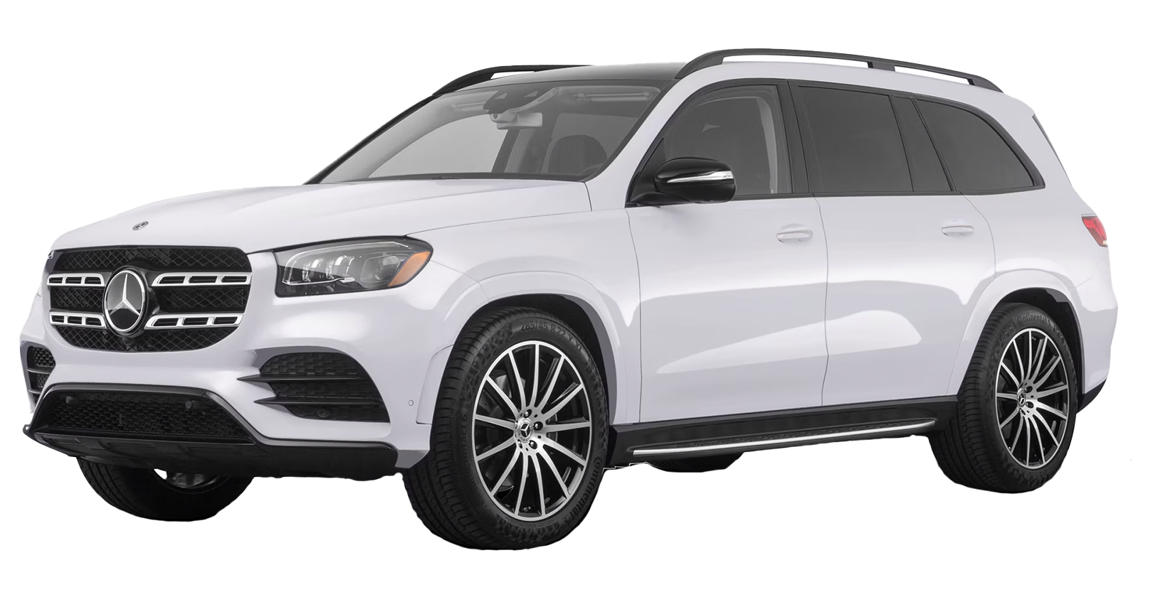 A white Mercedes-Benz SUV parked, showing front and side views with alloy wheels and tinted windows.