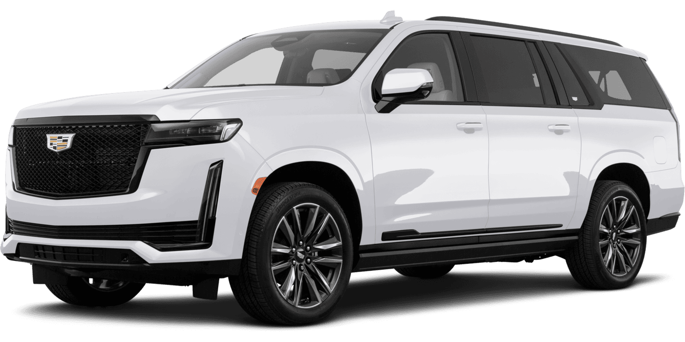 A white Cadillac SUV with black accents, black grille, and alloy wheels, isolated on a white background.