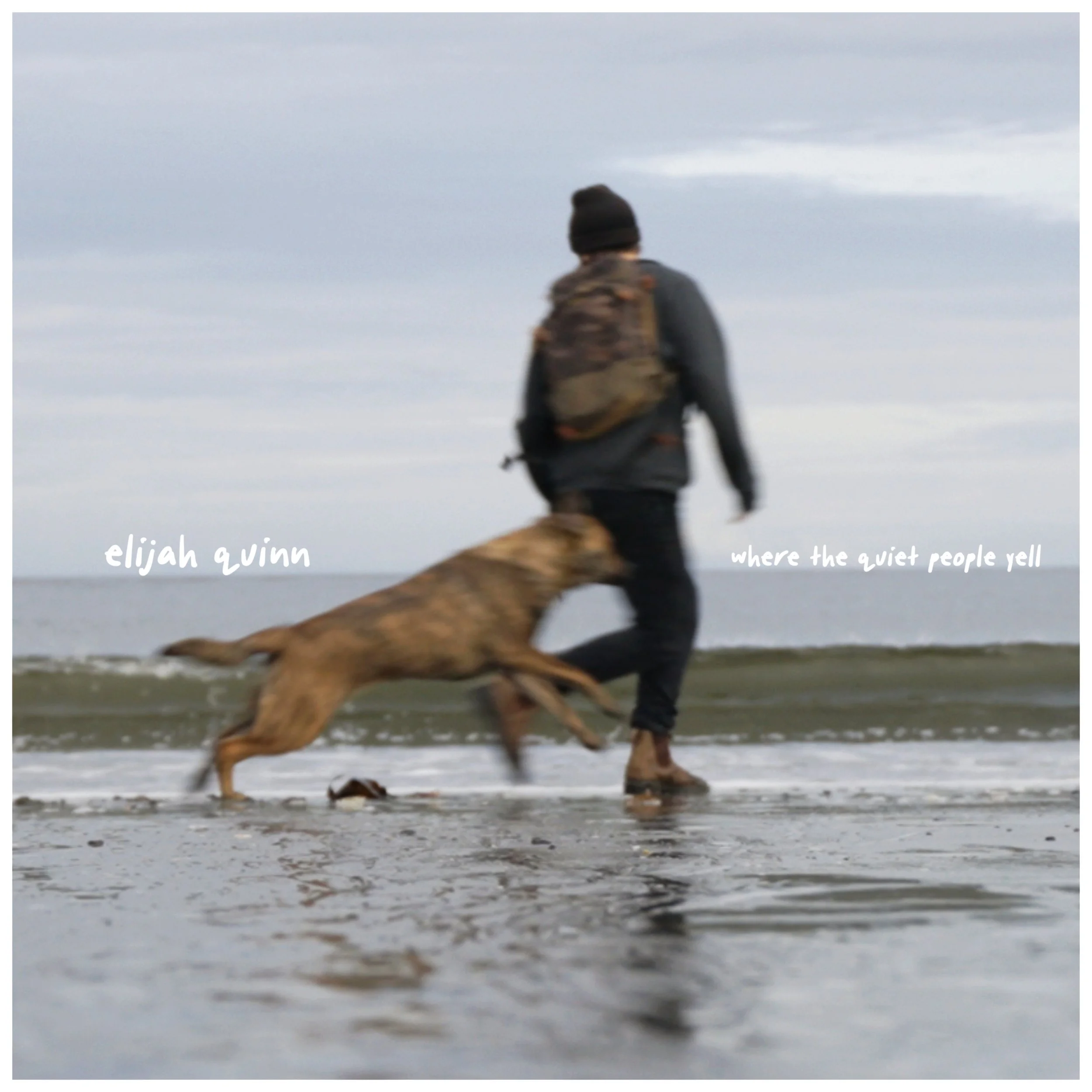 A person wearing a black beanie and carrying a backpack walking on a beach with a large dog, possibly a golden retriever, running ahead in the shallow water. The sky is overcast.