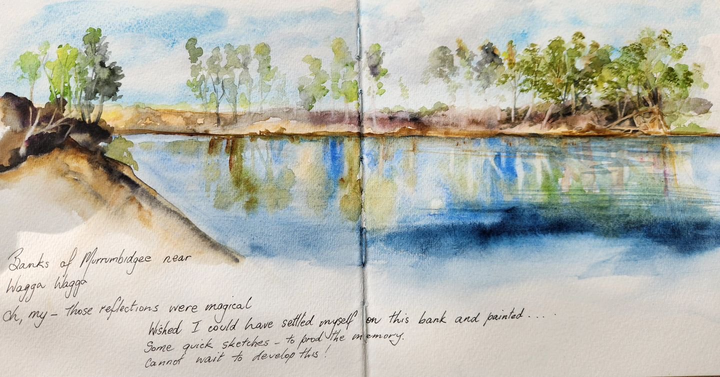 Journal entries (watercolour) from trip to WaggaWagga New SouthWales.  This little  scene on the banks of the Murrumbidge was dappled in magical reflections. Another  painters paradise.. 
#reflections #water ##newsouthwales #countrylife #country #cre