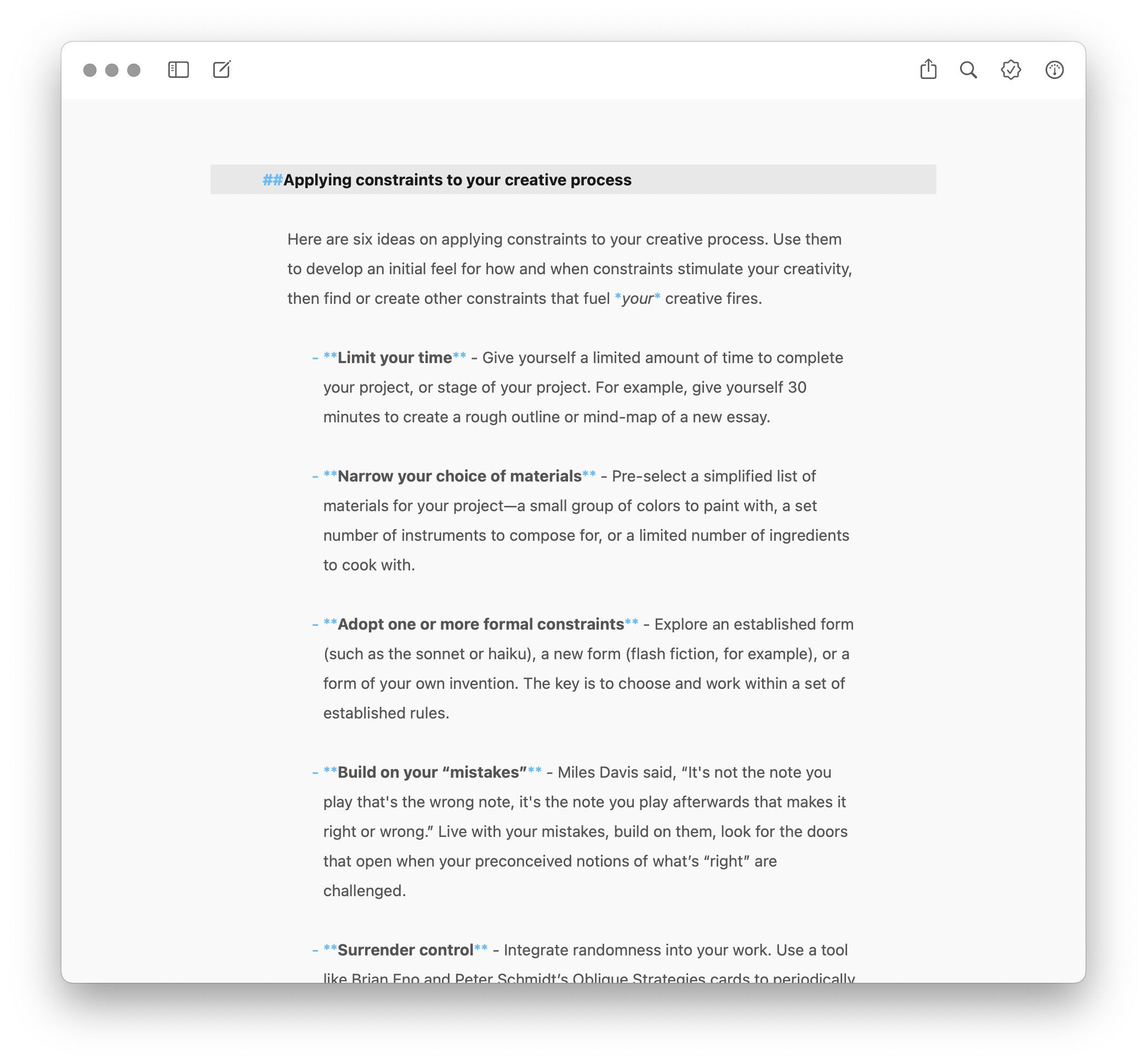The editing window in Ulysses, with text Markdown formatting and text styling