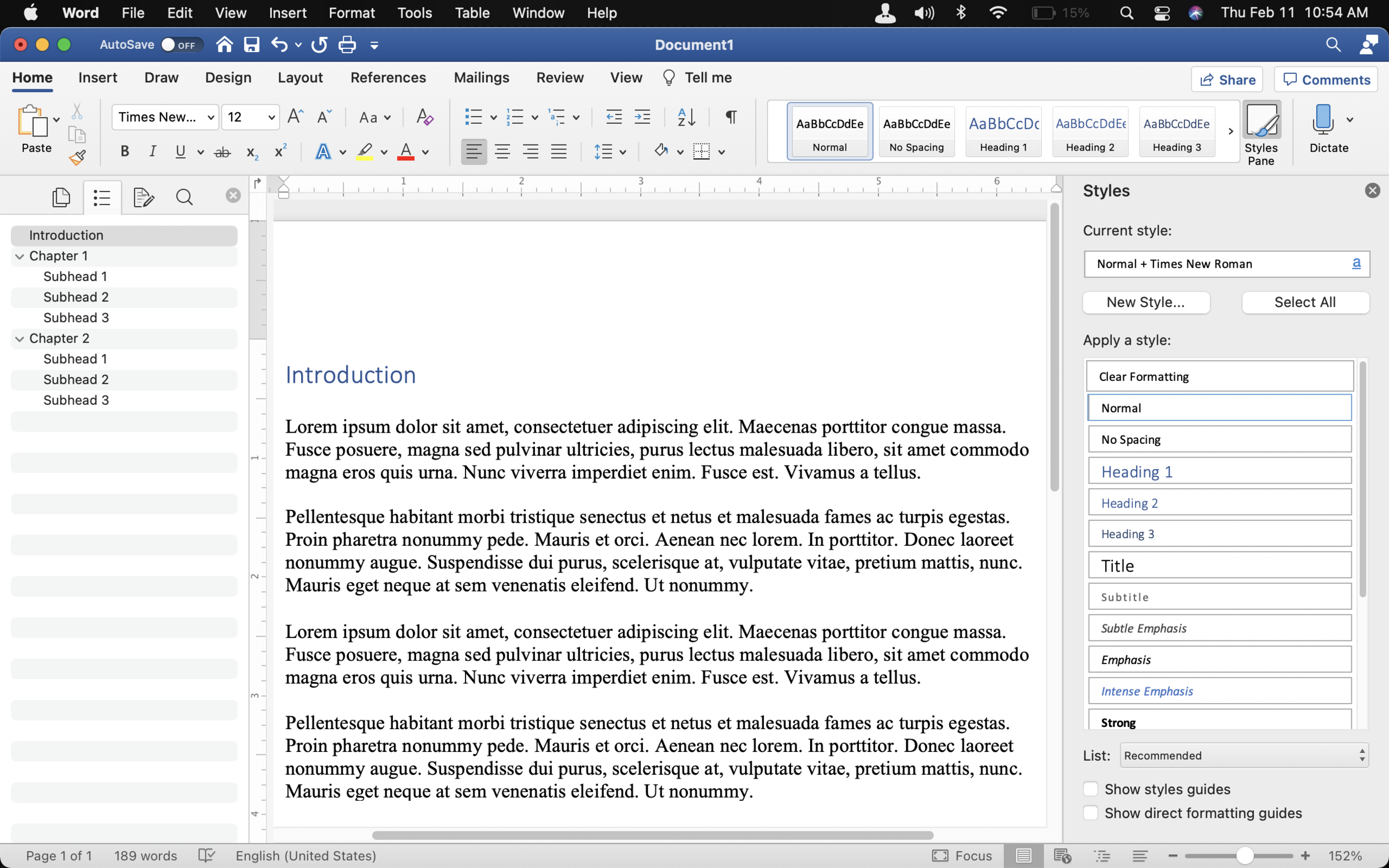Microsoft Word for Mac Version 16.45 with the Navigation and Styling sidebars open