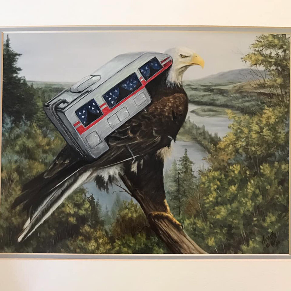 Frankie the Freedom Flyer got all loaded up on July 2nd to go camping in his favorite remote spot. Far enough away as to not get clipped by another firework. Have a safe 4th everyone!Original Painting for sale in the shop!