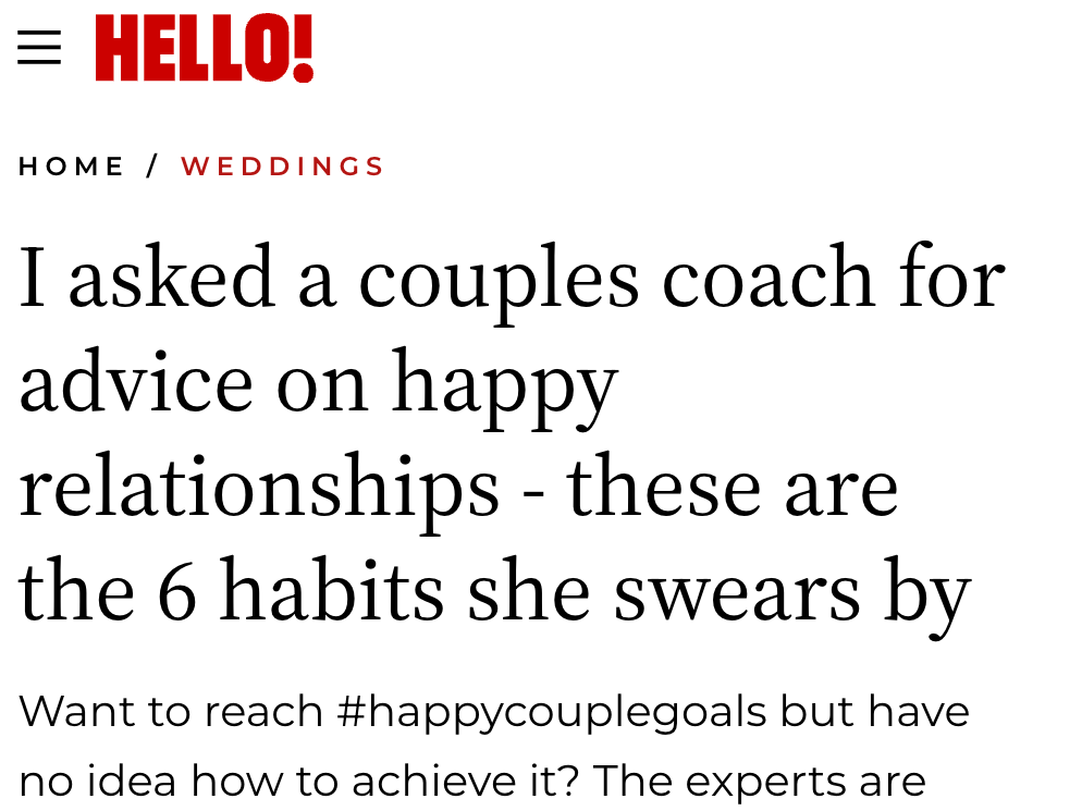 HELLO! Brides article 'Habits of Happy Couples' featuring relationship coach Nicole Everingham.