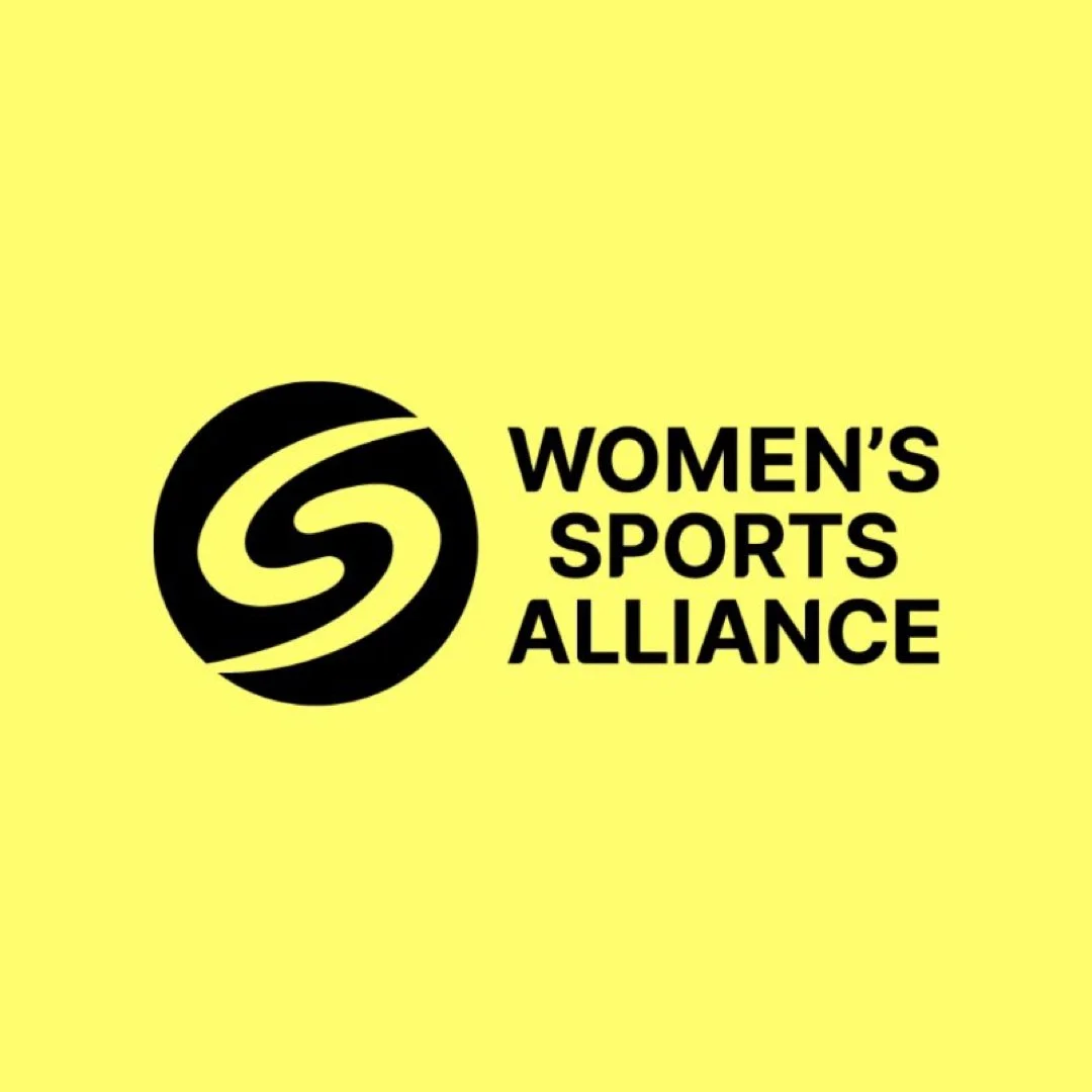 Logo of Women's Sports Alliance with black circular emblem and bold black text on a yellow background.