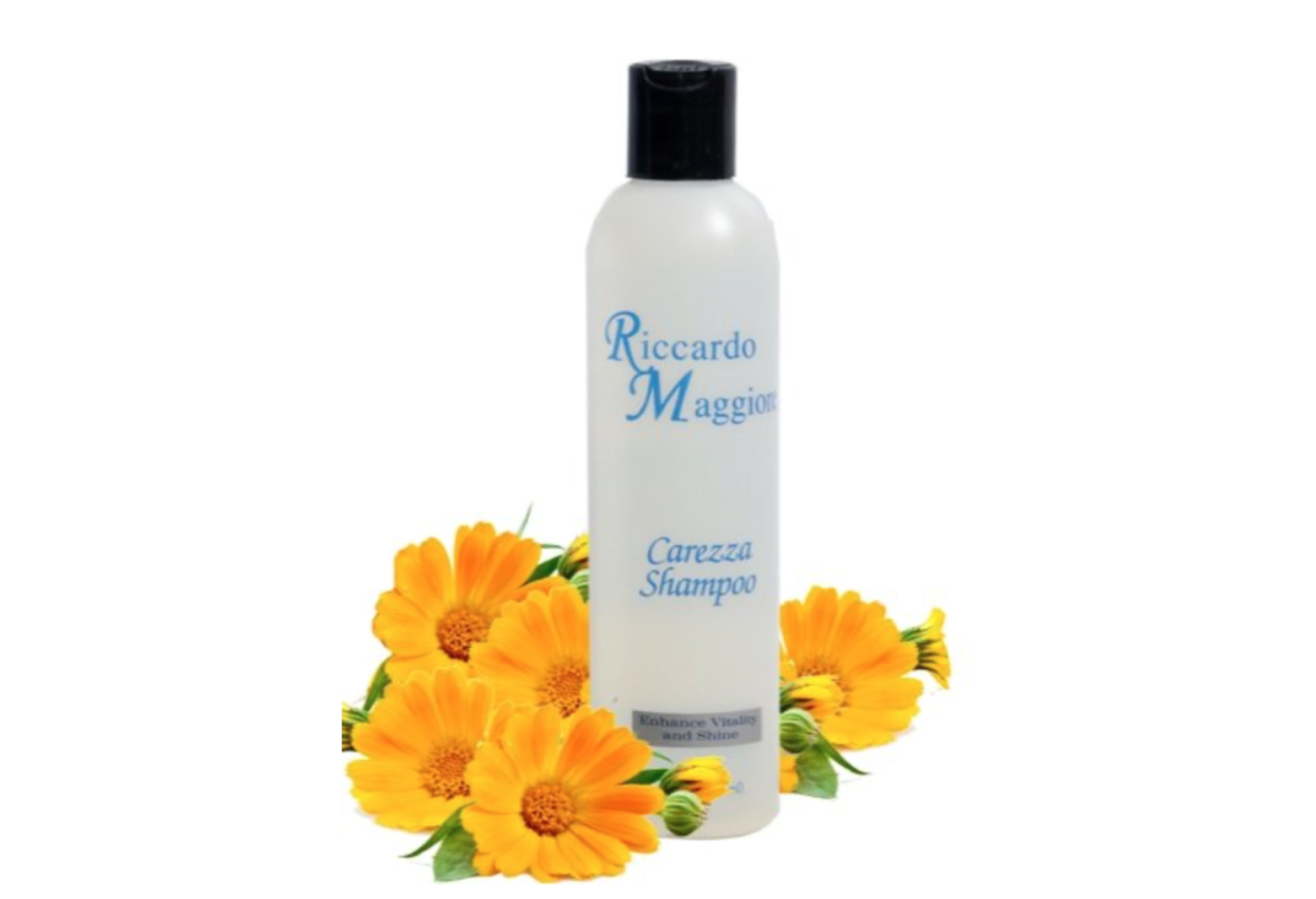 Bottle of Riccardo Maggiore Carezza Shampoo with yellow flowers