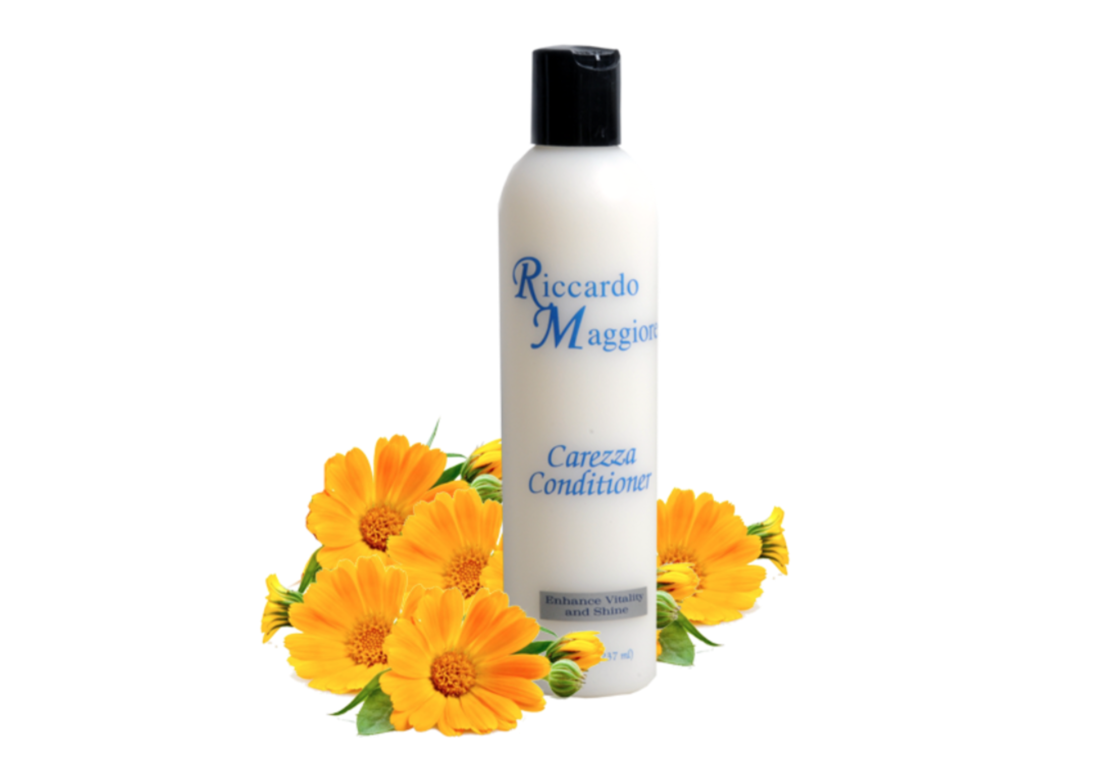 Riccardo Maggiore Carezza Conditioner bottle with orange flowers around it.