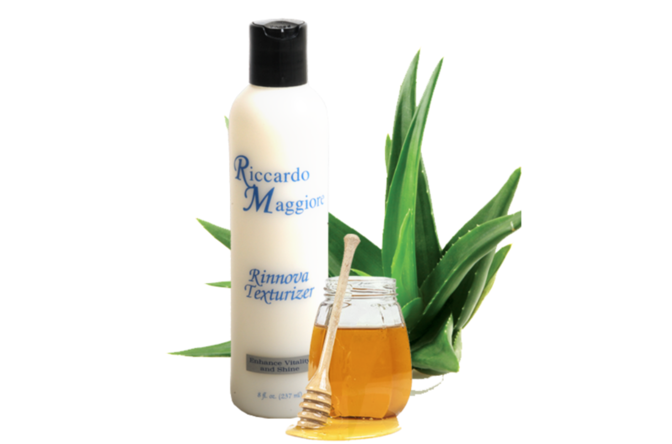Bottle of Riccardo Maggiore Rinnova Texturizer with aloe vera plant and jar of honey with honey dipper.