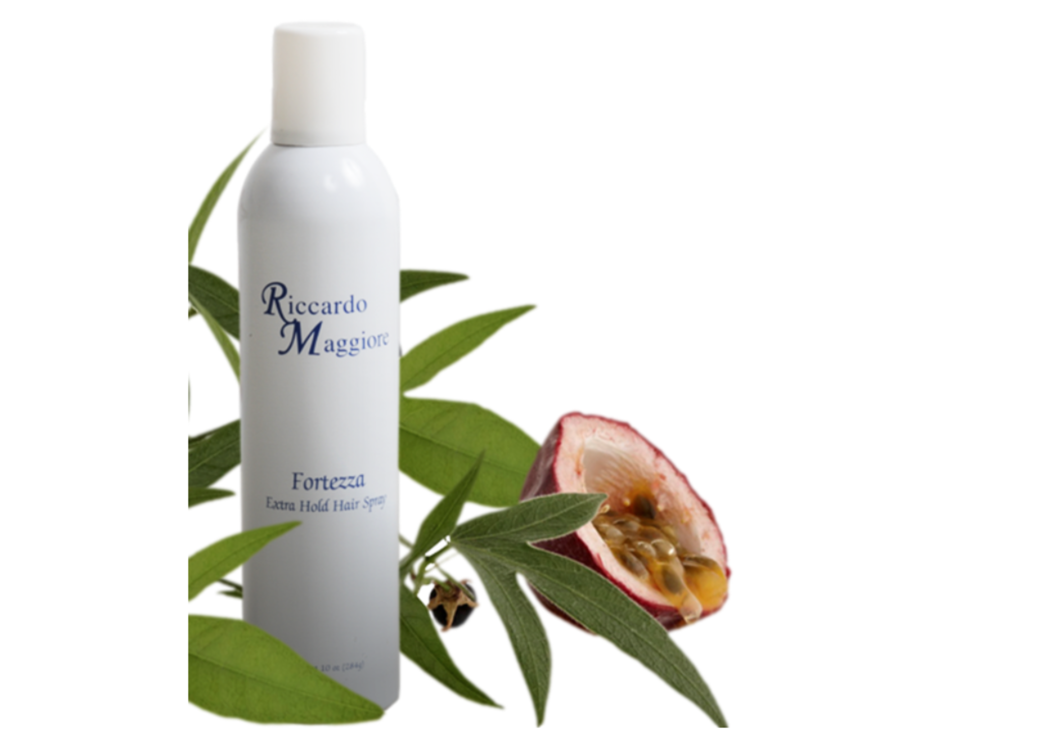 Riccardo Maggiore Fortezza Extra Hold Hair Spray bottle with passion fruit and leaves.